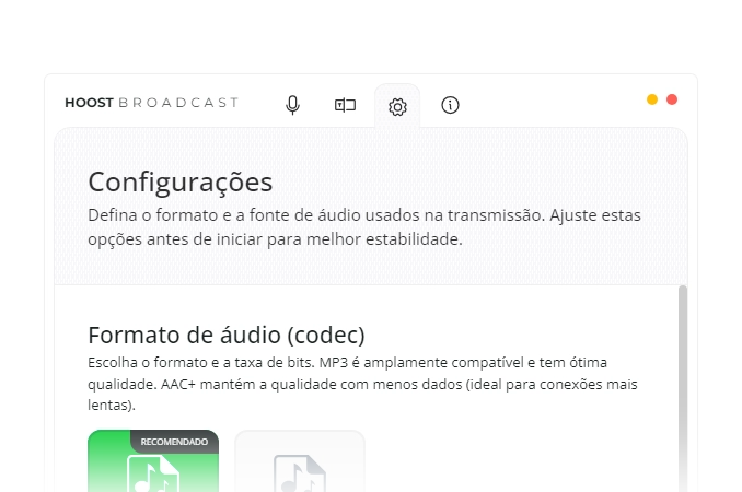 Configurações do Hoost Broadcast