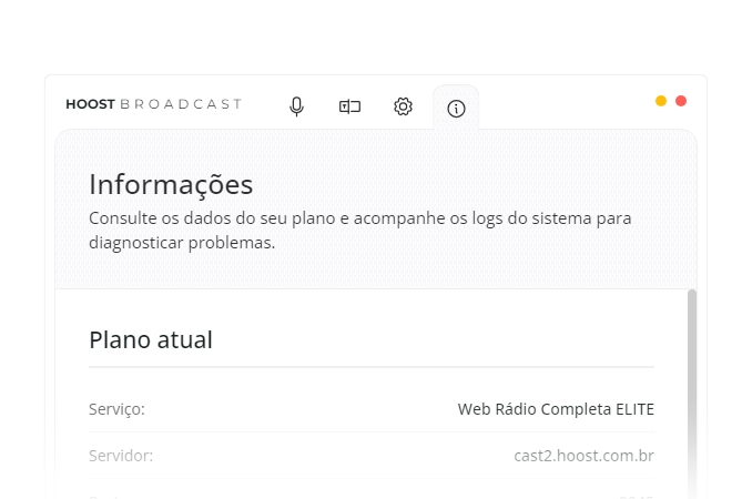 Informações e logs do Hoost Broadcast
