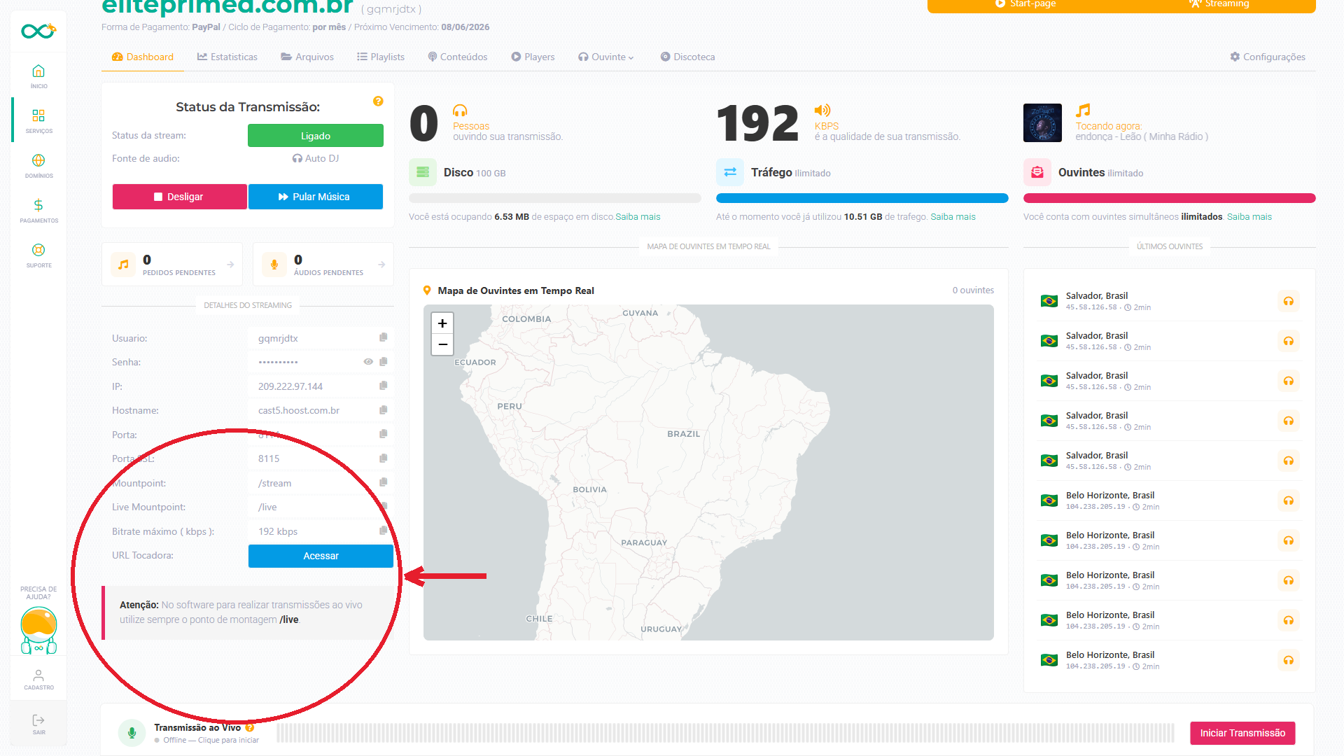 Dados de conexão no Dashboard