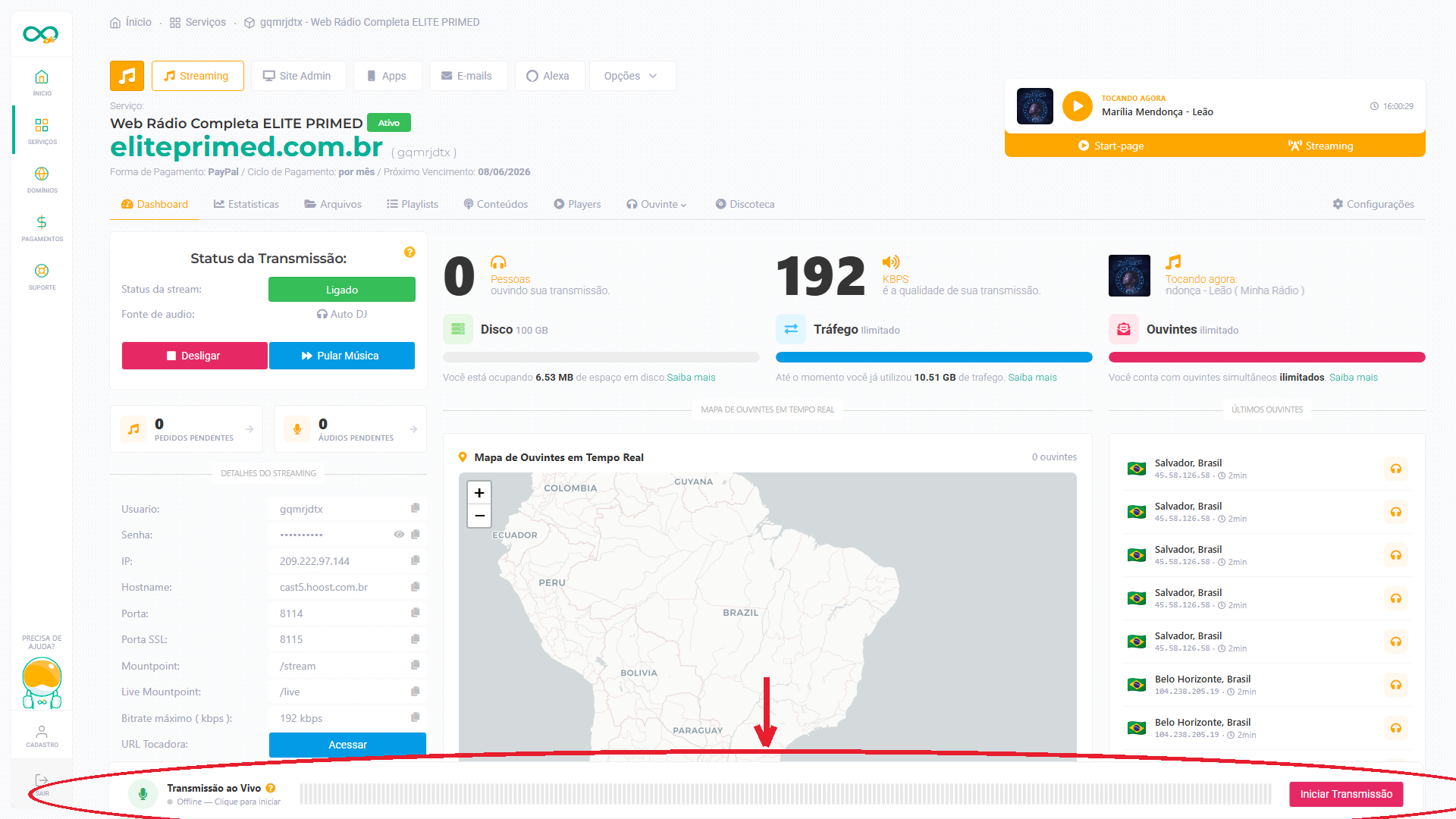 Barra Transmissão ao Vivo, no rodapé do painel