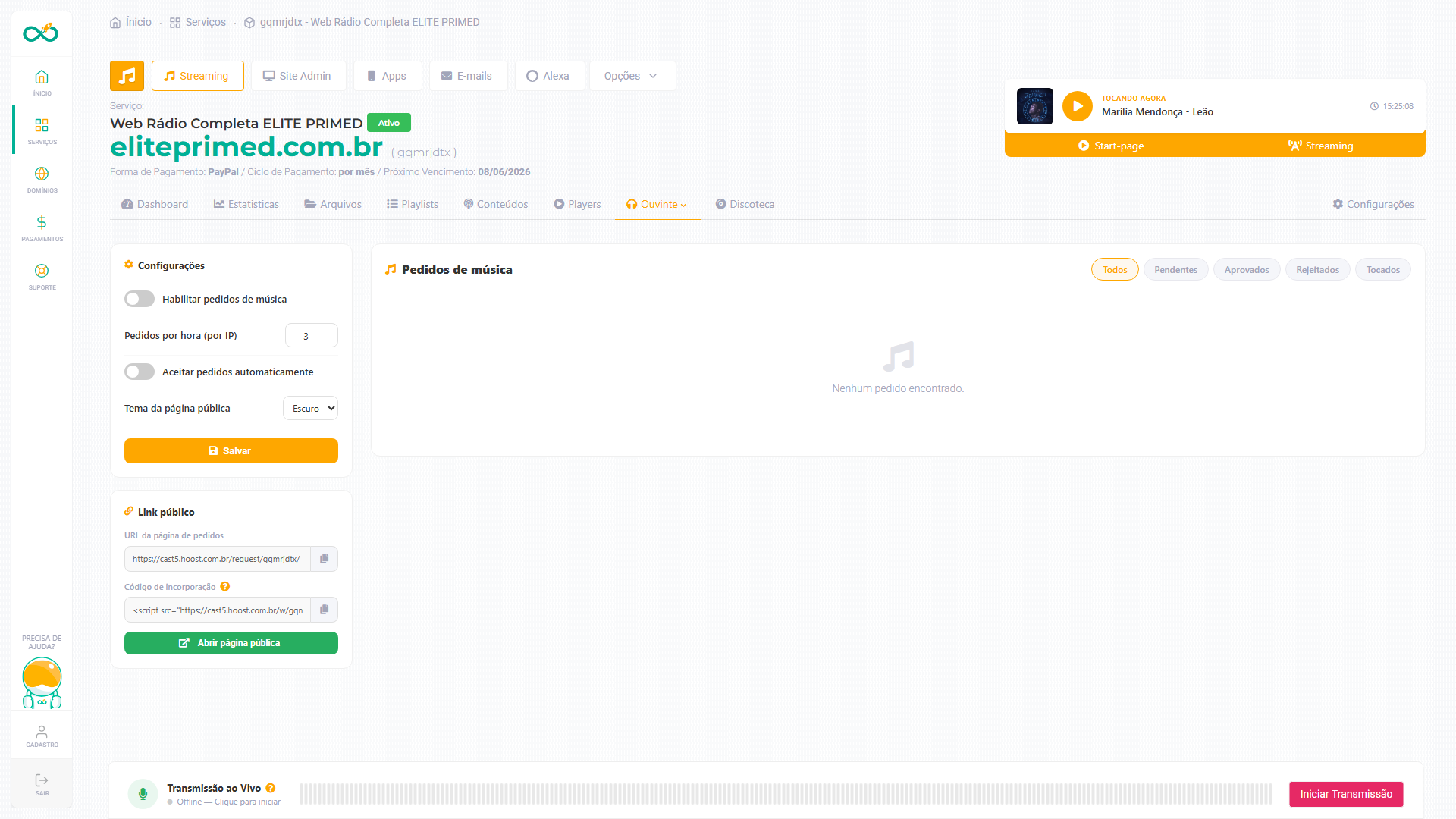 Tela de Pedidos de música