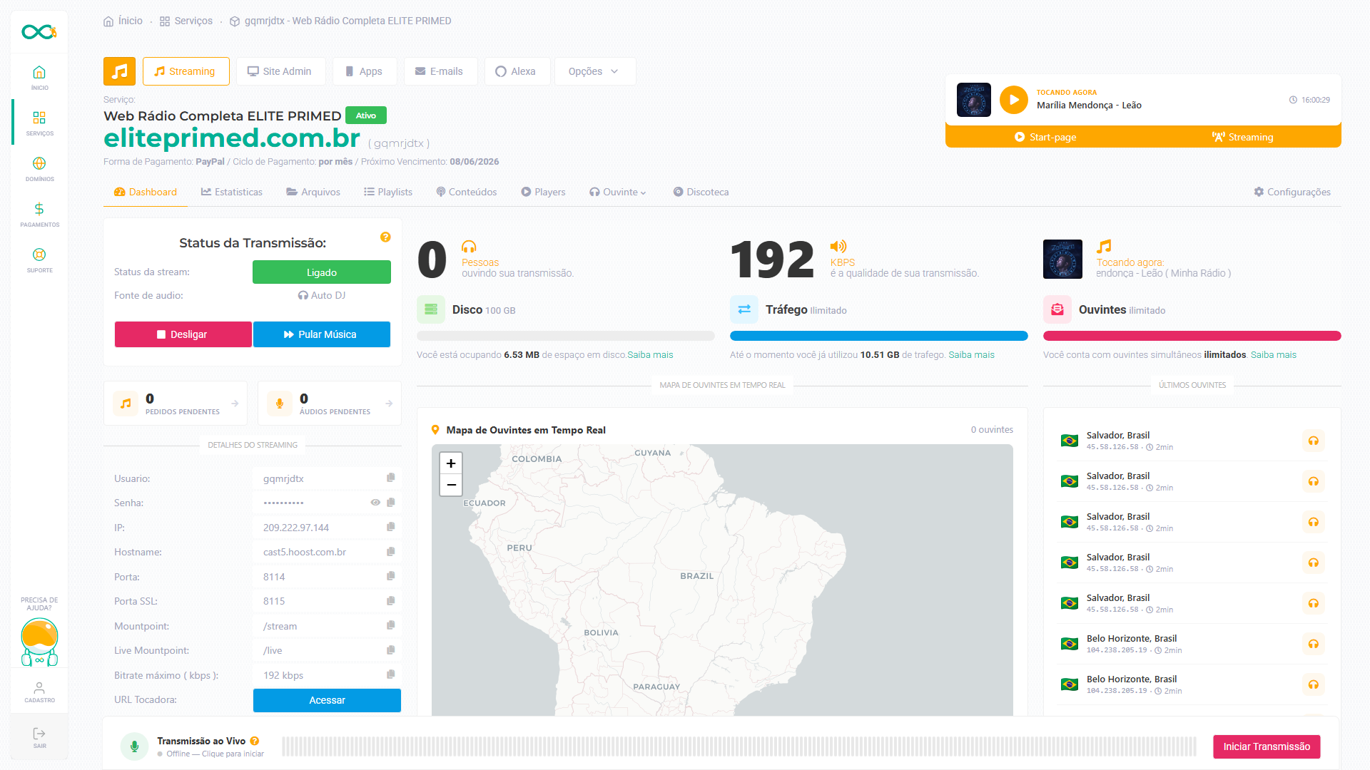 Card Status da Transmissão no Dashboard