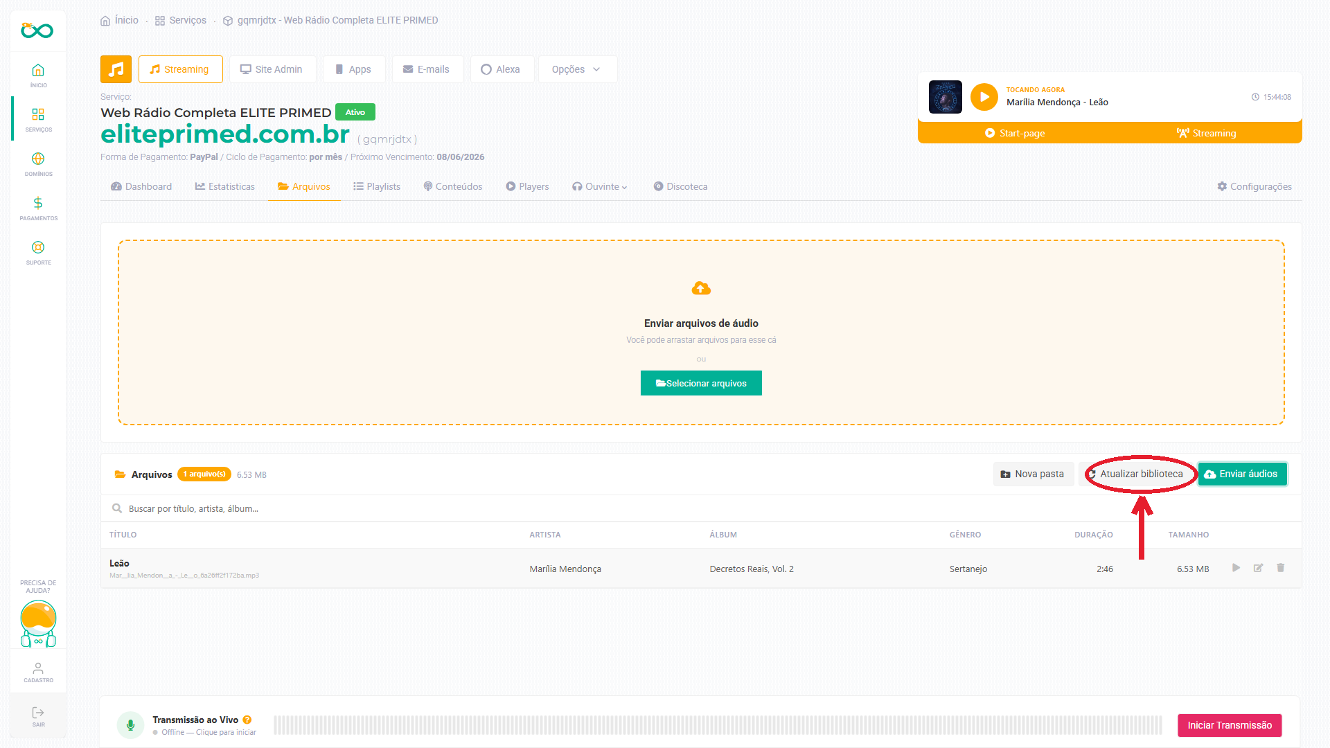 Botão Atualizar biblioteca