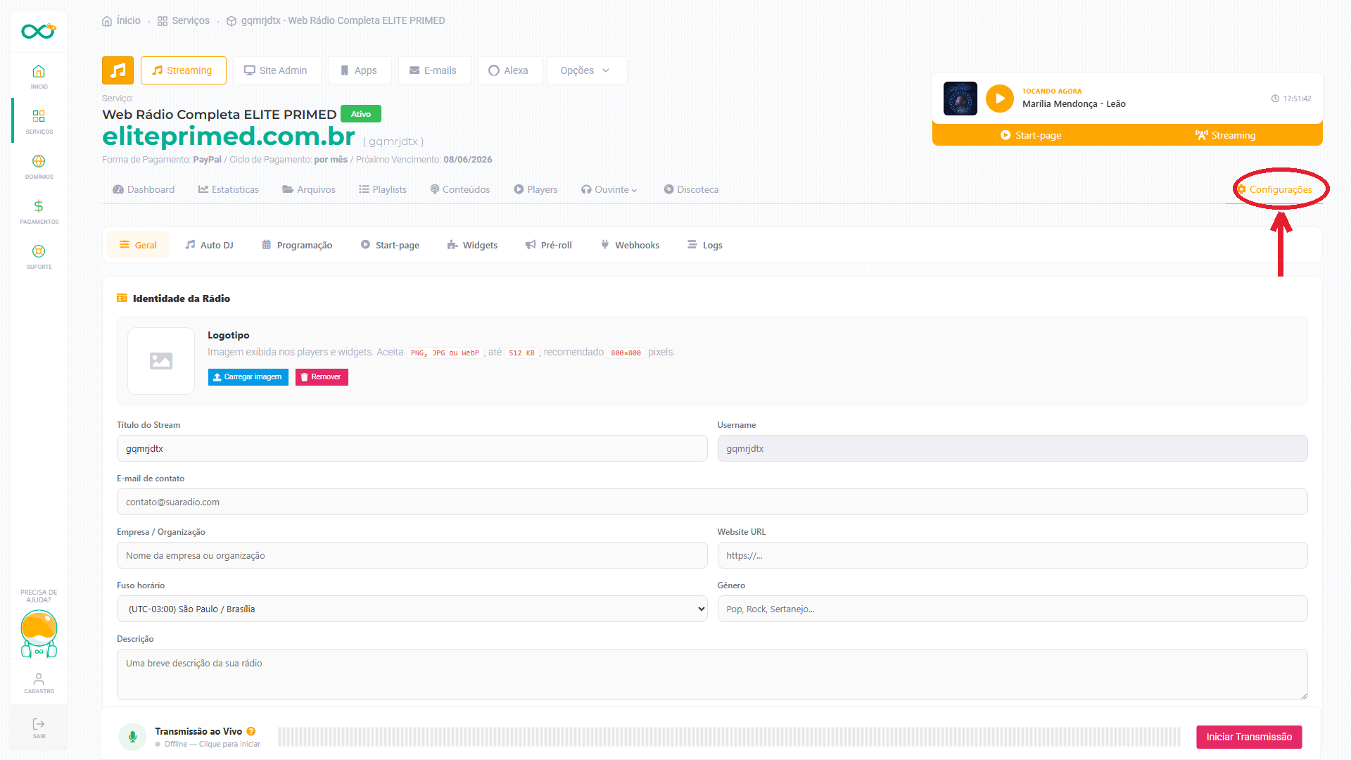Painel completo da tela de Configurações (destaque no menu)