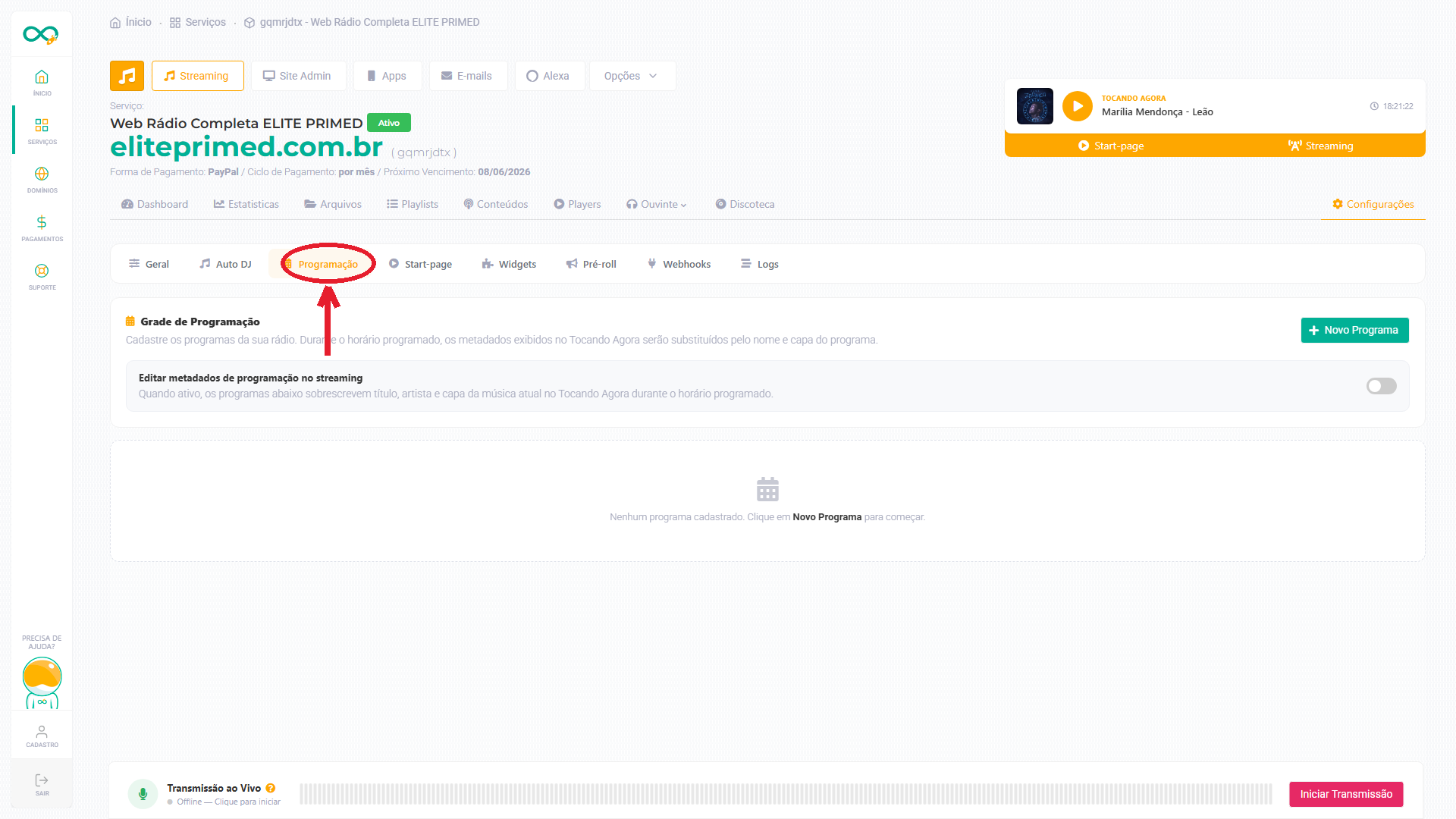 Painel completo da tela de Programação (destaque no menu)