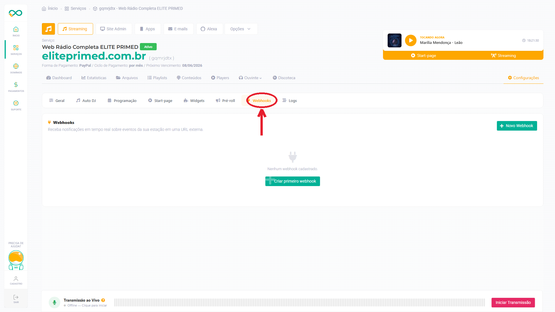 Painel completo da tela de Webhooks (destaque no menu)