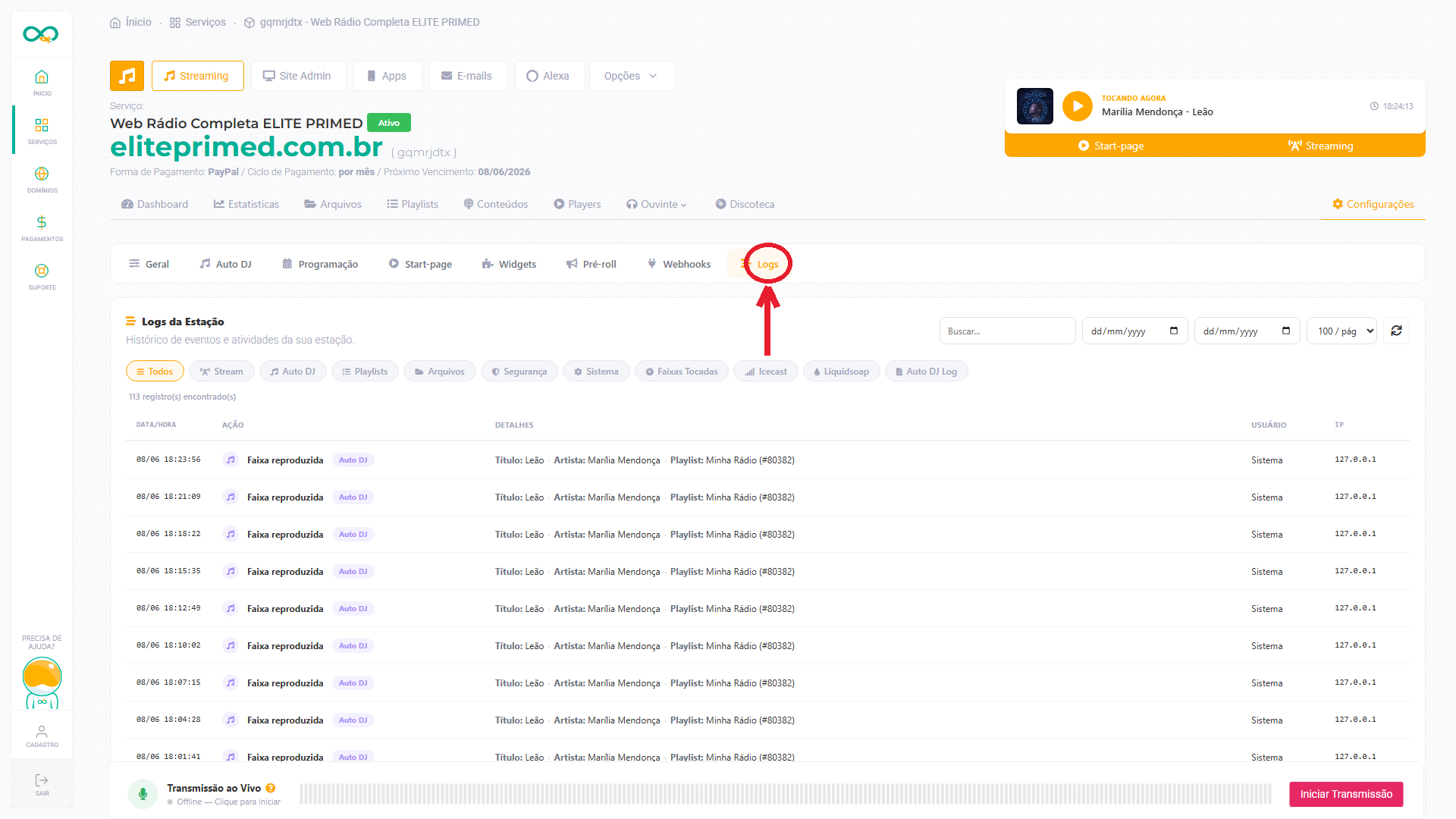 Painel completo da tela de Logs (destaque no menu)