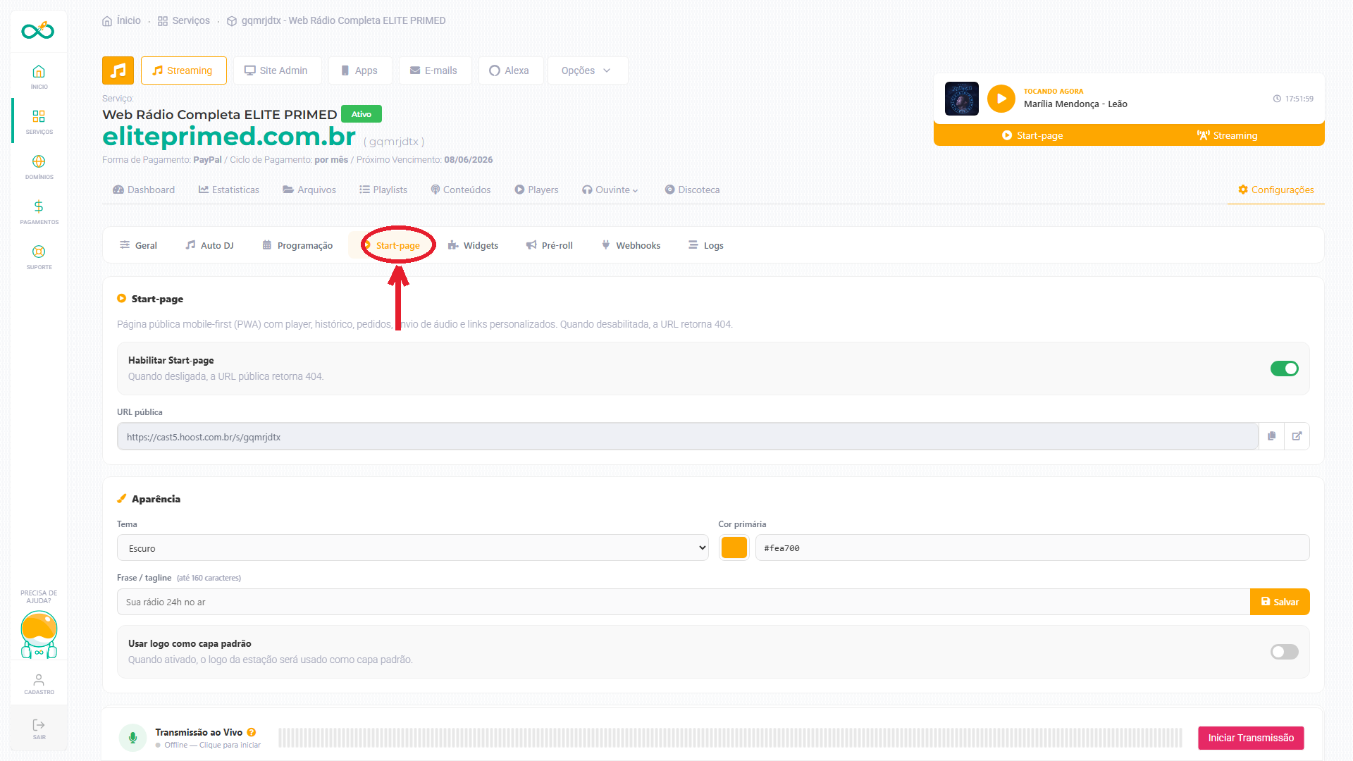 Painel completo da tela de Start-page (destaque no menu)