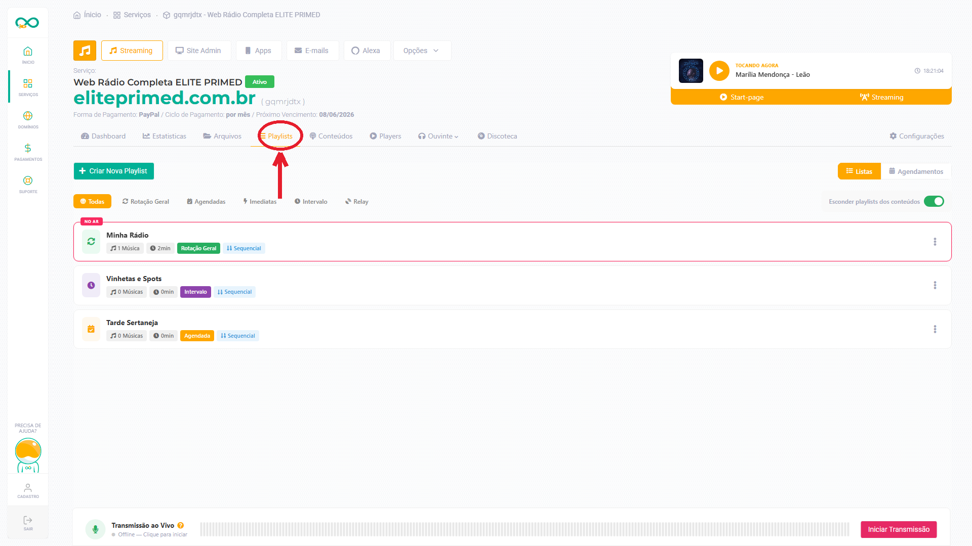Painel completo da tela de Playlists (destaque no menu)