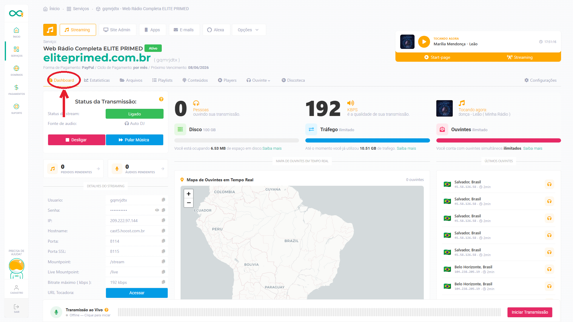 Painel completo da tela de Dashboard (destaque no menu)