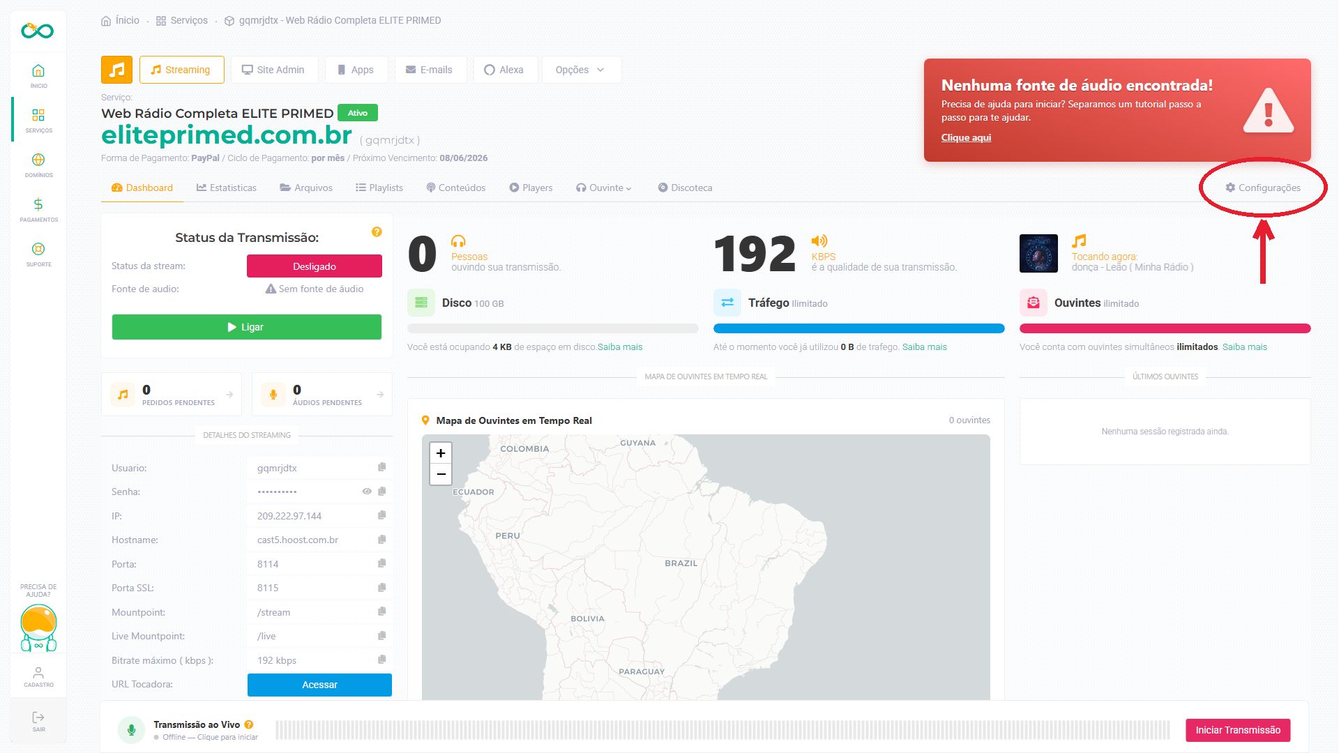 Menu Configurações