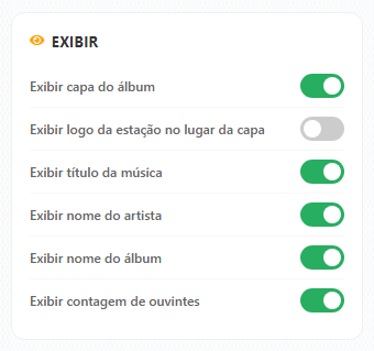 Opções de exibição do player