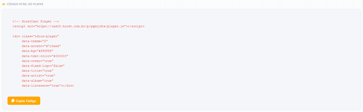 Código HTML do player com botão Copiar Código