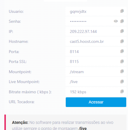 Dados de conexão da rádio