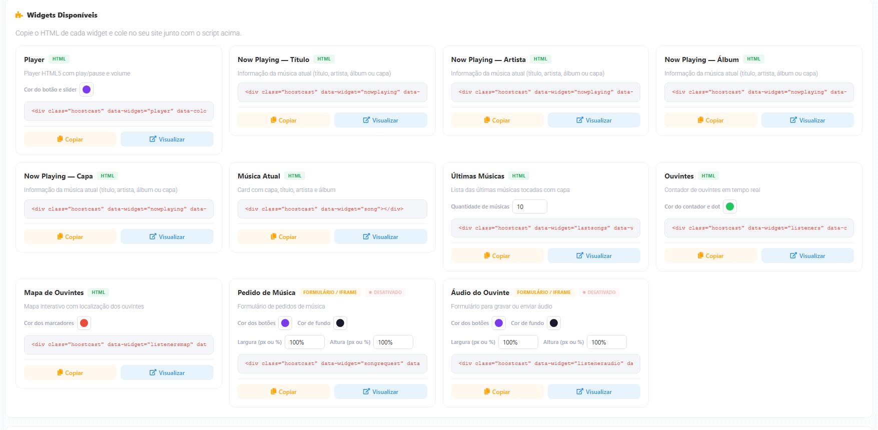 Catálogo de widgets disponíveis