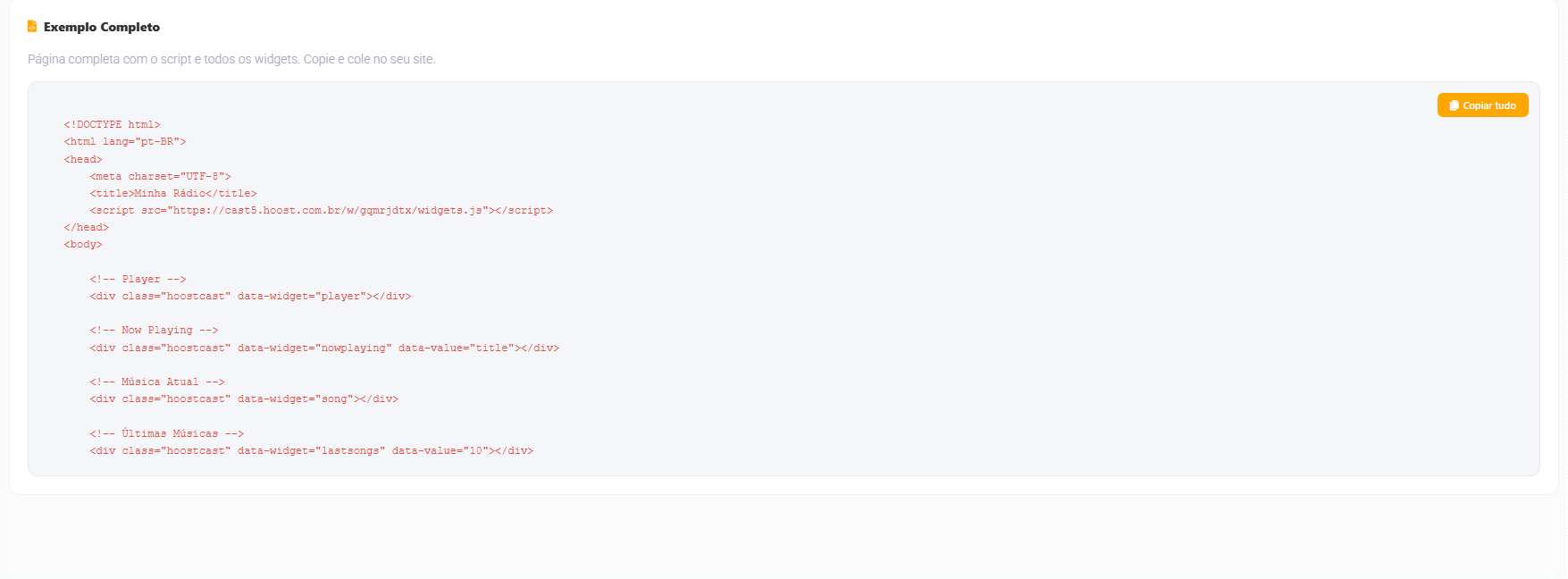 Exemplo completo de página com widgets